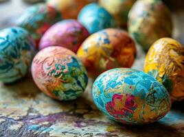 AI generated an image shows several hand painted easter eggs on a table photo