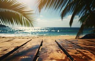 ai generado un imagen de madera mesa en el playa con palma árbol hojas foto