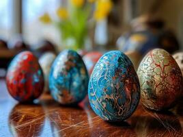 ai generado un imagen muestra varios mano pintado Pascua de Resurrección huevos en un mesa foto