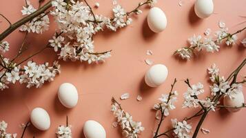 AI generated an arrangement of white eggs on an apricot background with sakura white flowering branches photo