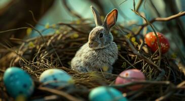 AI generated an eared bunny sitting in the nest of colored eggs photo