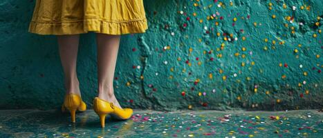 ai generado un mujer con amarillo alto tacones soportes en frente de un verde pared foto