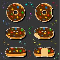 Illustration on theme big set different types sticky donuts, sweet doughnuts various size vector