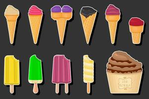 Illustration on theme big kit ice cream popsicle different types in cone waffle cup vector