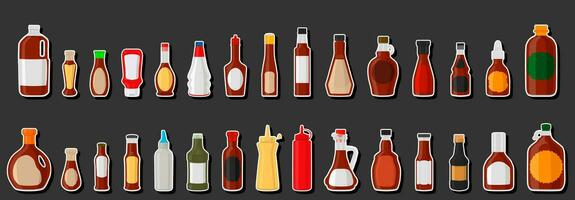 Illustration on theme big kit varied glass bottles filled liquid sauce ketchup vector