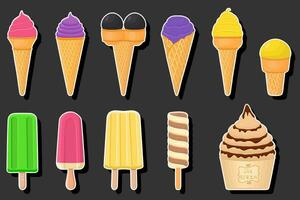 Illustration on theme big kit ice cream popsicle different types in cone waffle cup vector