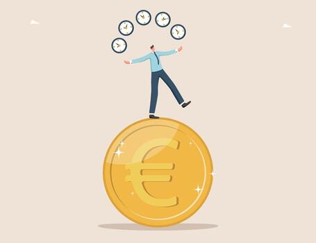 Man juggles clock while standing on euro vector