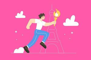 Competition in Paris France 2024 A man runs a marathon with the torch against the backdrop of the Eiffel Tower. Vector illustration in modern flat style