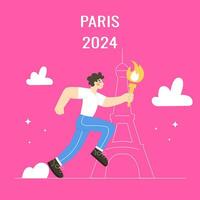 juegos en París o competencia concepto Francia 2024 un hombre carreras un maratón con el antorcha en contra el fondo de el eiffel torre. vector ilustración en moderno plano estilo