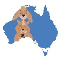 linda canguro madre y bebé con Australia mapa vector