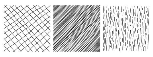 Set of textures with different hand drawn squares patterns. Pencil lines on white background. vector