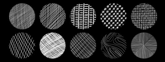 Set of textures with different circle patterns. Crosshatch, wood, rain, stippling texture. vector