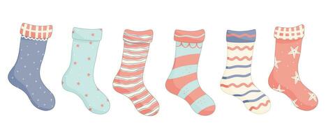 Set of socks for babies with various textures and patterns. Vector illustrations.