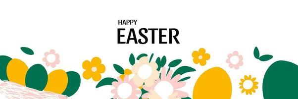 Abstract graphic design template with eggs and flowers. Holiday banner, layout. Spring background. vector