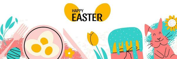 Happy Easter abstract design. Spring background with holiday food and bunny. Vector illustration in hand draw style.