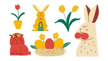 Happy Easter set. Spring collection. Funny bunny. Vector illustration in flat style.