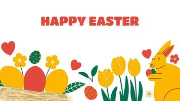 Happy Easter abstract graphic design banner. Holiday template, layout. Spring background with funny bunny and Eggs. Vector illustration in hand draw style.