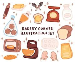 dibujos animados panadería y Cocinando herramientas ilustración conjunto vector