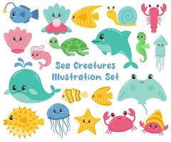 linda conjunto de mar criaturas ilustración vector