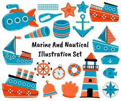 Cute Set of Marine and Nautical Object vector