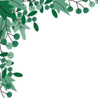 Abstract corner frame border of twigs and leaves in trendy monochrome green. Template for greetings vector