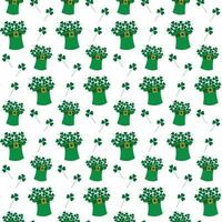 Abstract background texture of free hand drawn shamrocks bouquet and leprechaun hat in trendy green vector