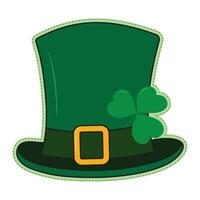 Leprechaun hat and shamrock under buckle ribbon. Sticker with dotted line around. Isolated design vector