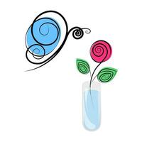 Stylized image of butterfly and rose in a transparent container with water in trendy marker colors vector