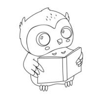 Cute little owl reading book. Vector outline sketch for childish coloring book. Baby bird for kids