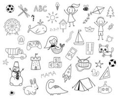 Doodle illustration of kite, whale, snowman and mermaid isolated on white background. Simbol of childhood. Line sketch set for coloring book vector