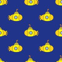 Seamless hand drawn pattern with stylized cute submarine on dark blue background. Vector cartoon endless pattern for textiles or fabric for newborns and kids