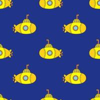 Seamless hand drawn pattern with stylized cute submarine on dark blue background. Vector cartoon endless pattern for textiles or fabric for newborns and kids