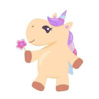 Fantasy cartoon illustration with cute baby unicorn with flower. Vector colorful little unicorn isolated on white background.