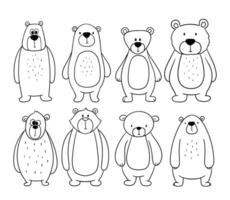 Cute line bear set. Hand drawn character forest animal isolated on white background. Woodland outline illustration vector