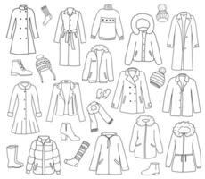 Set of winter and autumn clothes and shoes. Doodle coat, jumper, hat and down jacket. Outline illustrations isolated on white vector