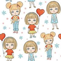 Seamless vector pattern with hand drawn beautiful cute little blonde girl with pretty cat on hands and balloon.