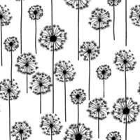 Seamless line monochrome pattern with wildflowers dandelions on white background. vector