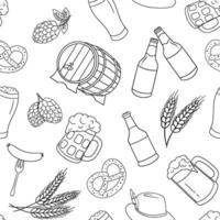 Seamless pattern with mug of beer, bottle and barrel. Line beer elements on white background. vector