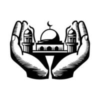 Mosque in prayer hand, Hand drawn illustration vector