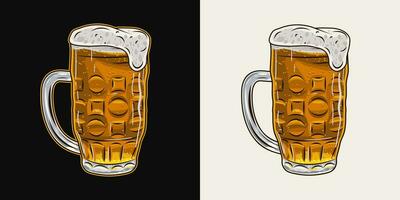 Full glass of beer. Mug with handle and overflowing beer foam. Filtered transparent beverage. Vintage illustration on black, white background. vector