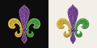 Fleur de Lis symbol made with mosaic of beads. Illustration for Mardi Gras carnival. Royal French heraldry symbol. vector
