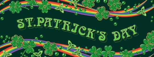 Patricks Day horizontal banner with scattered shamrock leaves, green beads, rainbow waves. Layout, template for advert of event with copy space. Header for social media, web sites. vector