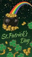 Vertical Patricks Day green poster with pot full of golden coins, scattered clover leaves, golden dust, text. Social media story size. Template for advert of event in vintage style. vector