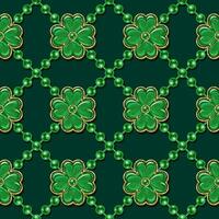Geometric St Patricks day pattern with bead strings, charms like lucky 4 leaves shamrock. Diagonal classic square grid. Vintage illustration in jewelry style vector