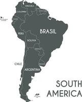 Political South America Map vector illustration isolated on white background with country names in spanish. Editable and clearly labeled layers.