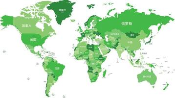 Political World Map vector illustration with different tones of green for each country and country names in chinese. Editable and clearly labeled layers.