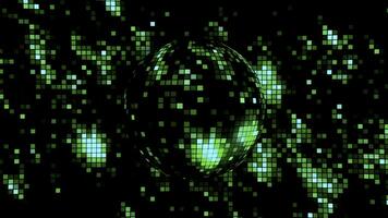 Abstract green and black pixelated background with the silhouette of a rotating sphere. Motion. Shimmering pattern of colorful particles, seamless loop. photo