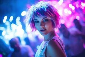 AI generated Portrait of a beautiful girl with short hair dancing in a nightclub photo