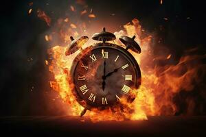 AI generated Alarm clock on fire background. Time is running out concept. photo