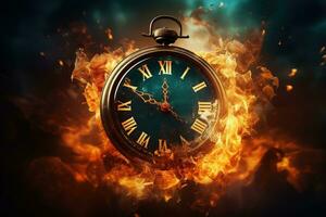 AI generated Alarm clock on fire background. Time is running out concept. photo